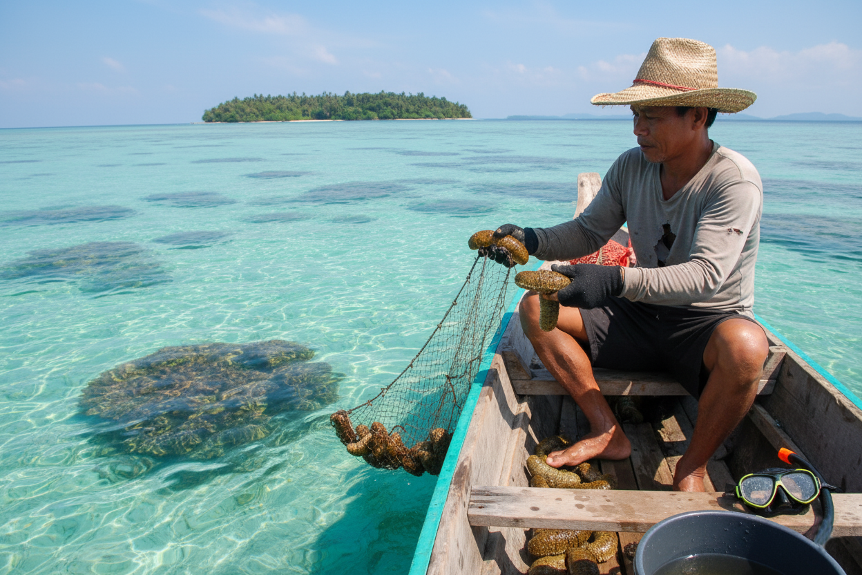 nelayan sedang menangkap teripang